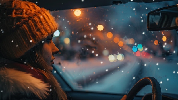 Foto uma mulher a conduzir um carro na neve