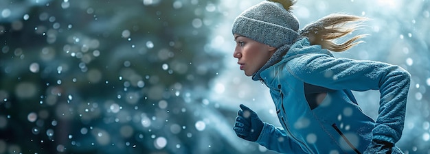 Uma mulher a correr no inverno