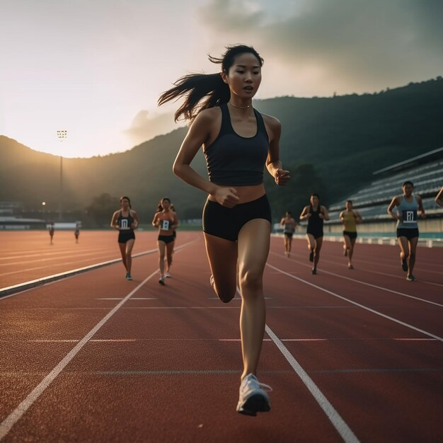 uma mulher a correr numa pista com uma montanha ao fundo