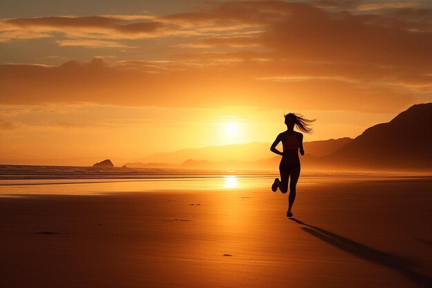 uma mulher a correr numa praia com o sol a pôr-se atrás dela