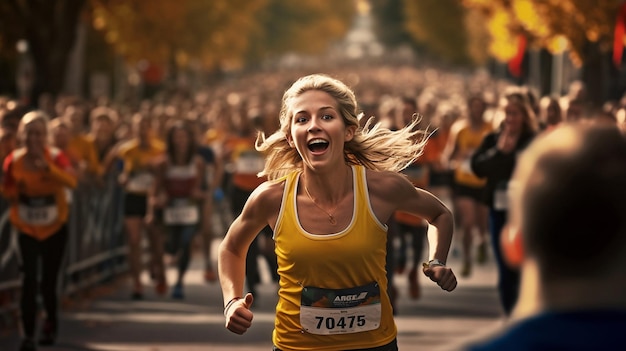 Uma mulher a correr uma maratona com o número 704 no peito.