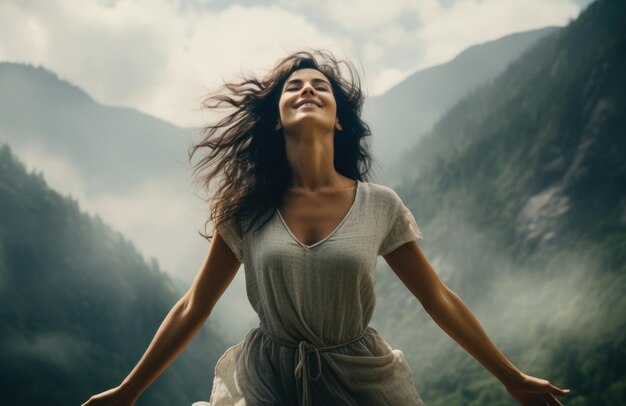 Uma mulher a desfrutar do ar fresco nas montanhas.