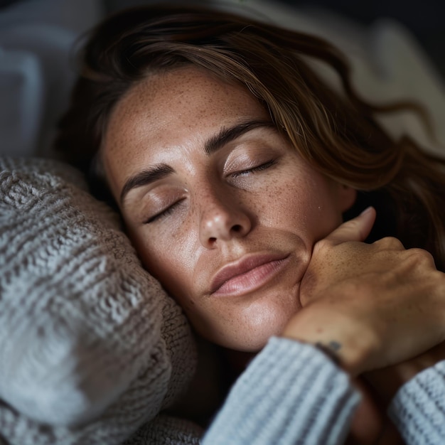 Foto uma mulher a dormir com a mão no rosto.