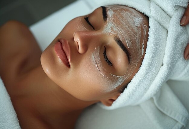 Uma mulher a fazer um tratamento facial num spa.