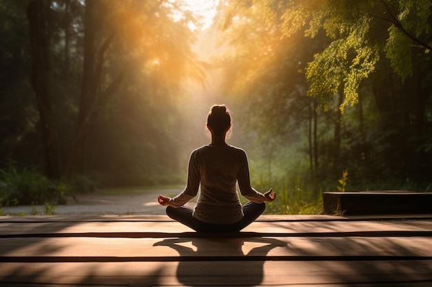 Uma mulher a meditar em postura de ioga em frente aos raios do sol.