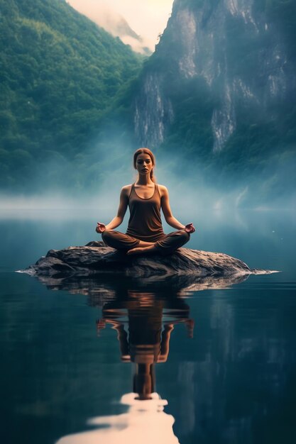 Uma mulher a meditar na natureza.