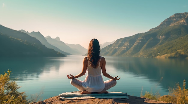 Uma mulher a meditar na natureza.