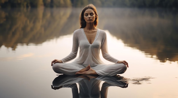 Uma mulher a meditar na natureza.