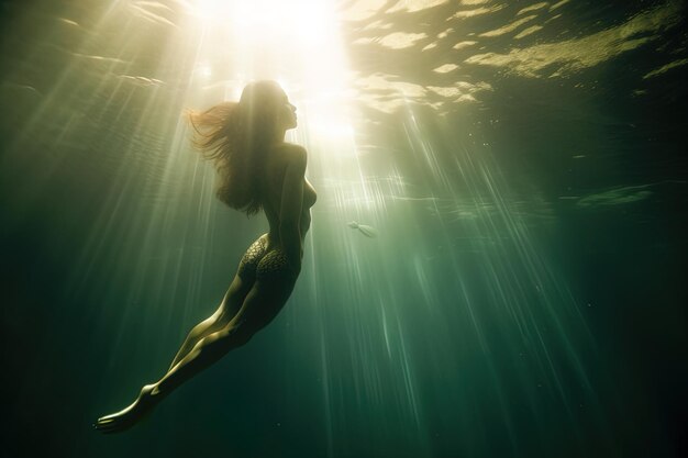 Uma mulher a nadar no oceano com o sol a brilhar atrás dela.