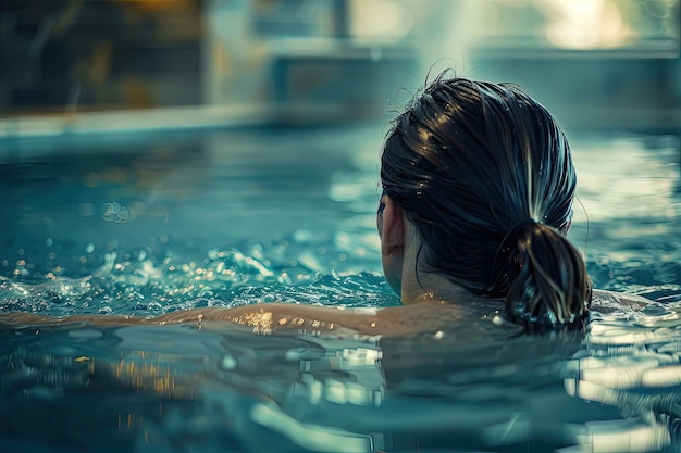 Uma mulher a nadar numa piscina de água.