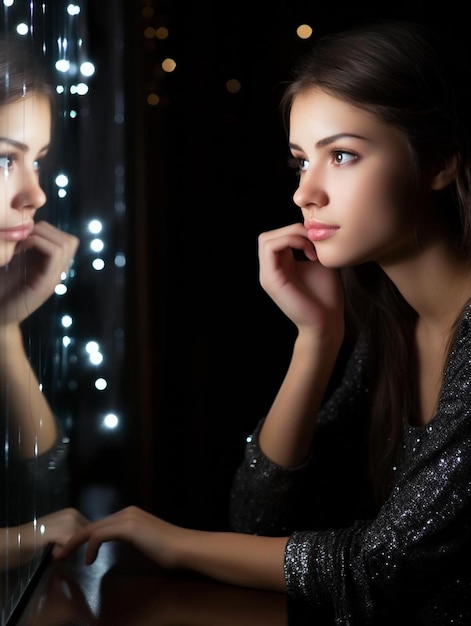 Foto uma mulher a olhar para o seu reflexo num espelho