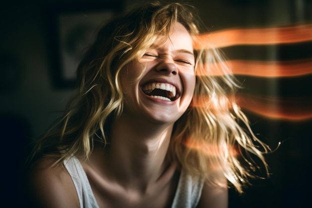 Uma mulher a rir com o cabelo a soprar no vento.