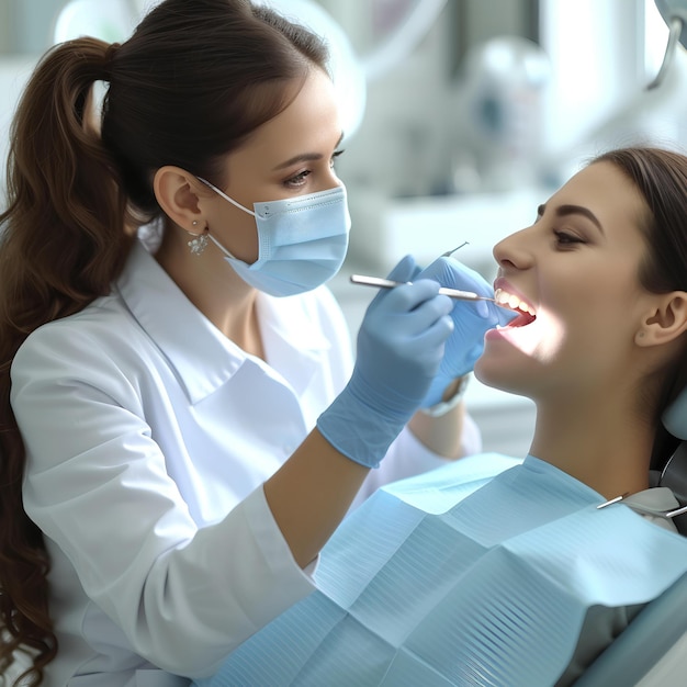 Uma mulher a ser examinada pelos dentes por um dentista