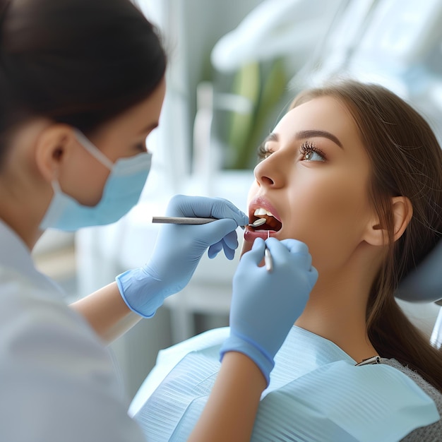 Uma mulher a ser examinada pelos dentes por um dentista