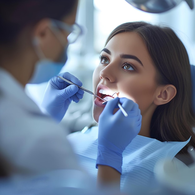 Uma mulher a ser examinada pelos dentes por um dentista