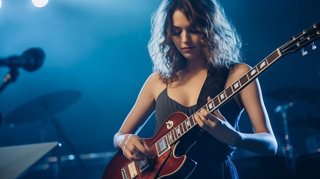 Uma mulher a tocar guitarra com uma guitarra vermelha.