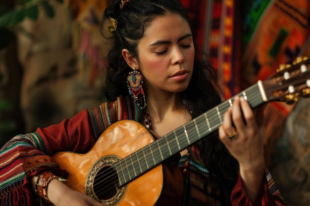 Uma mulher a tocar guitarra numa sala.