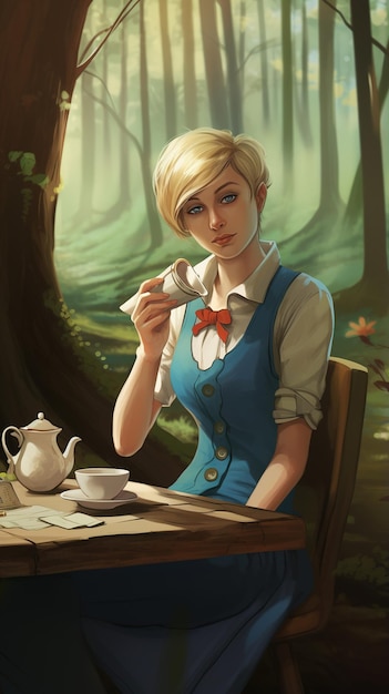 Uma mulher a tomar chá na floresta.