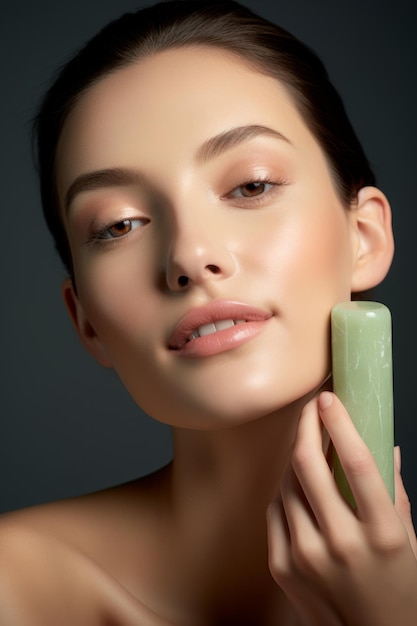 Uma mulher a usar um rolo de jade para massagear o rosto, criado com tecnologia de IA generativa.