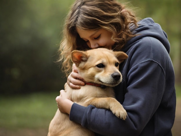 Foto uma mulher abraçando um cachorro com uma mulher a abraçando