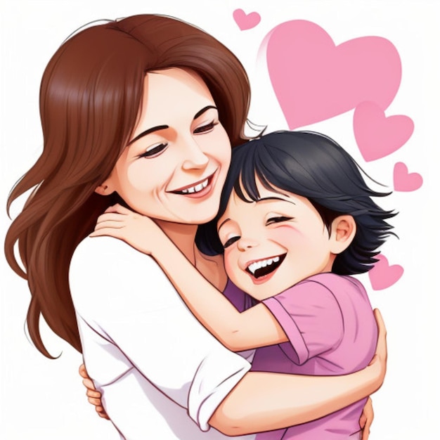 uma mulher abraçando uma criança com um coração rosa no ombro