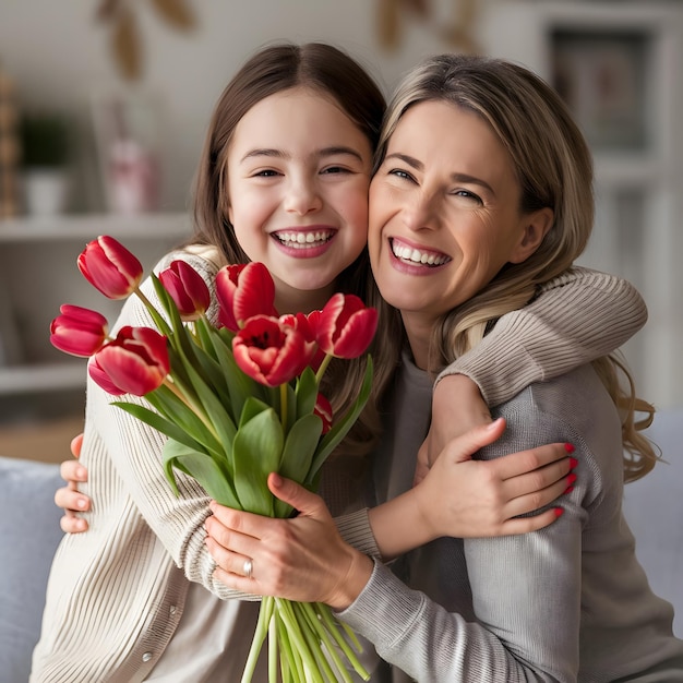 uma mulher abraçando uma menina com um buquê de tulipas vermelhas