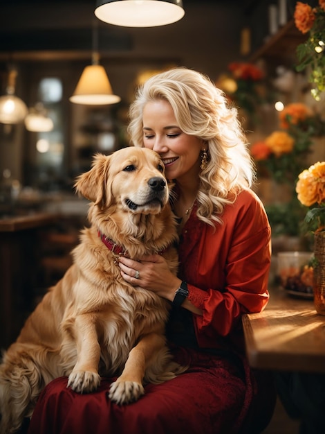 Uma mulher acariciando um cachorro