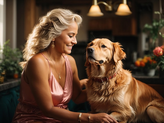 Uma mulher acariciando um cachorro