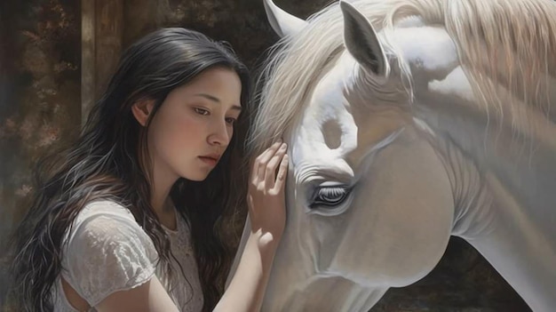 Uma mulher acariciando um cavalo branco com a cabeça na cabeça.