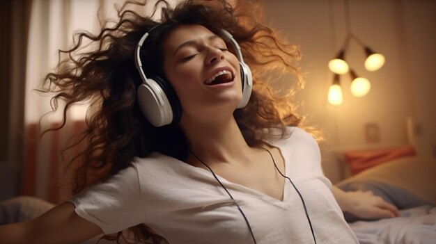 Foto uma mulher acorda na cama dançando e cantando música com entusiasmo ai gerado