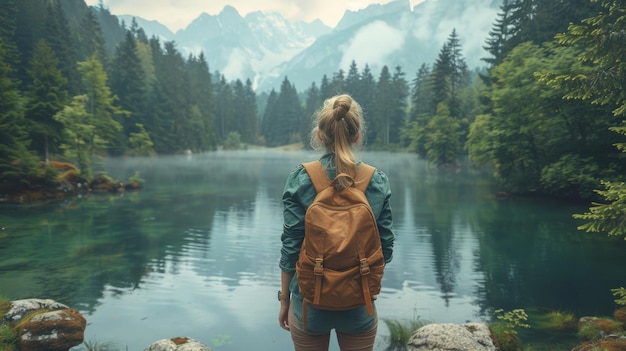 Foto uma mulher admirada olha para a quietude do lago