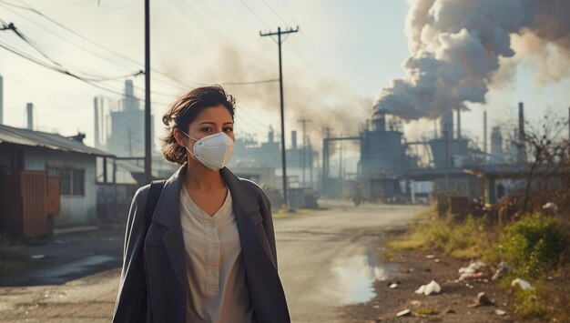 Foto uma mulher adulta mediterrânica com uma máscara de proteção contra a poluição industrial o conceito de questões ambientais e preocupações com a saúde