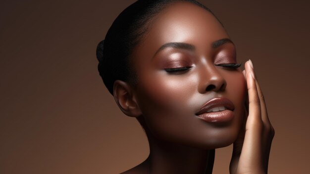 Uma mulher africana deslumbrante com olhos fechados irradiando beleza e elegância.