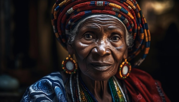 Uma mulher africana em roupas tradicionais sorrindo olhando para a câmera gerada por inteligência artificial