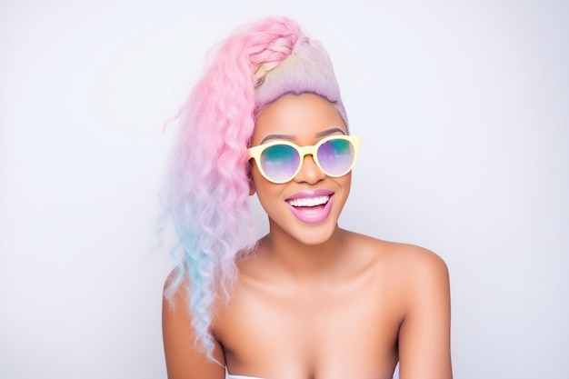 Uma mulher africana muito atraente com óculos de sol, cabelo arco-íris e fundo branco de pipocas.