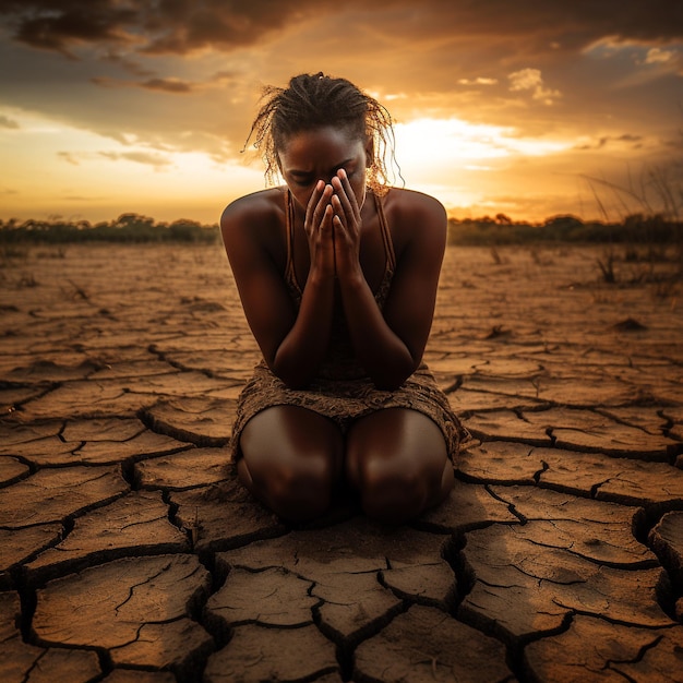 uma mulher africana sentou-se de joelhos dobrados em terra seca e mãos fechadas em seu rosto aquecimento global