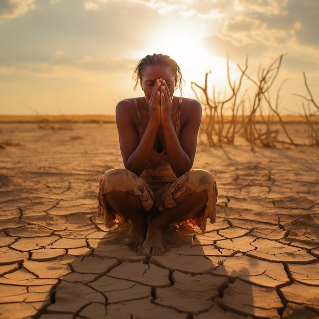 Foto uma mulher africana sentou-se de joelhos dobrados em terra seca e mãos fechadas em seu rosto aquecimento global