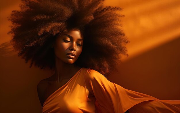 uma mulher africana usando vestido laranja e um grande afro no estilo de retoque mínimo