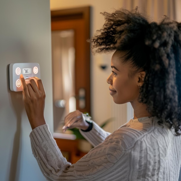 Foto uma mulher afro-americana ajusta a temperatura da casa com um termostato eletrônico montado no