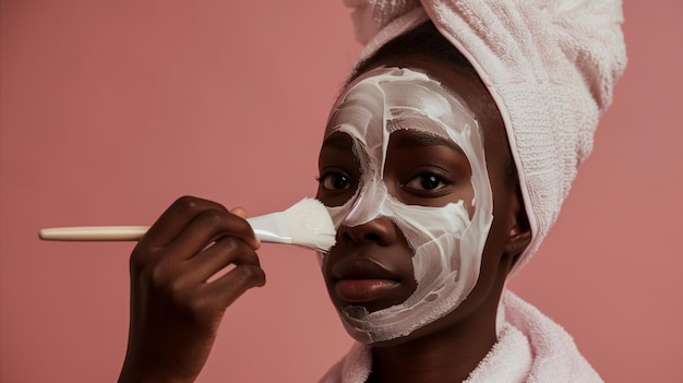 Uma mulher afro-americana aplicando uma máscara facial de creme branco com uma escova de máscara Conceito de cuidados com a pele