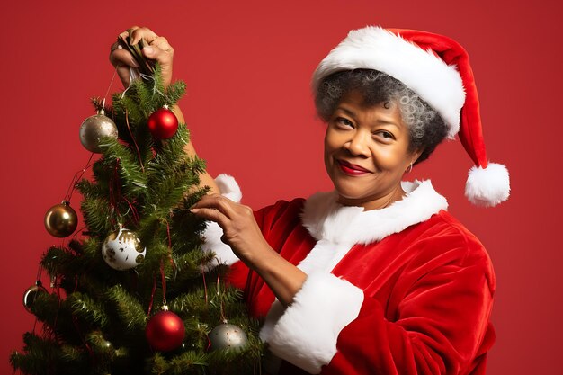 Foto uma mulher afro-americana de meia-idade em uma roupa de sra. claus decorando a árvore de natal