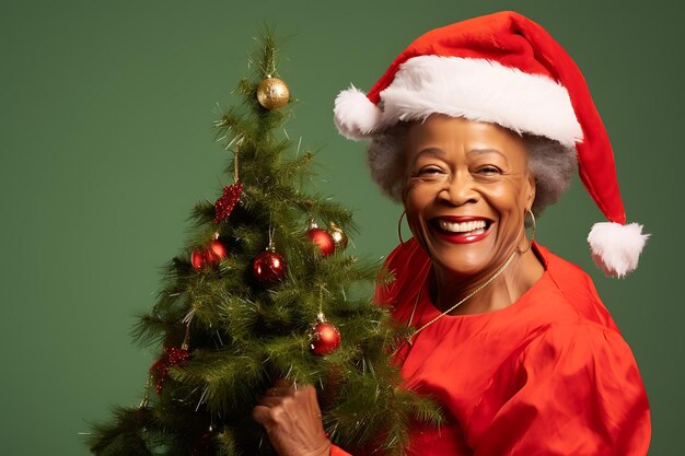 Foto uma mulher afro-americana de meia-idade em uma roupa de sra. claus decorando a árvore de natal