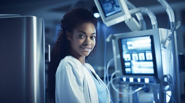 Uma mulher afro-americana de pele escura em um hospital médico moderno e brilhante com equipamentos modernos onde