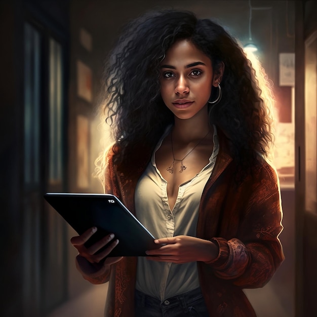 Uma mulher afro-americana está segurando um tablet na mão usando inteligência artificial