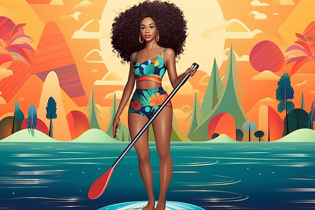 Uma mulher afro-americana intrépida e fabulosa abraçando o verão em um colorido SUP Boa