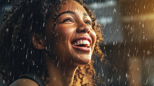 Uma mulher afro-americana radiante exibe um sorriso alegre enquanto as gotas de chuva caem em cascata ao seu redor, criando um momento de pura felicidade generativa AI