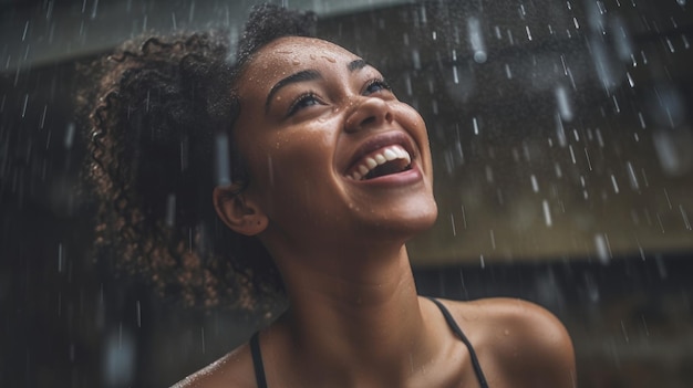 Uma mulher afro-americana radiante exibe um sorriso alegre enquanto as gotas de chuva caem em cascata ao seu redor, criando um momento de pura felicidade Olhando para cima IA generativa