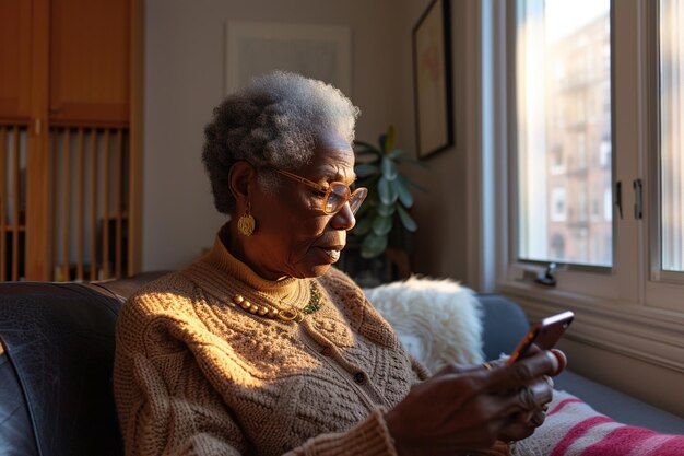 Uma mulher afro-americana sênior com o telemóvel no apartamento de elegância minimalista de design nórdico.