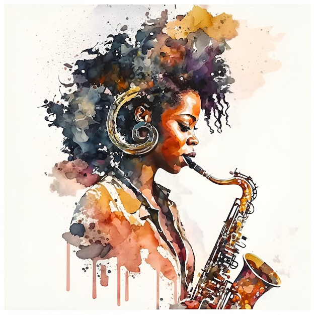 Uma mulher afro-americana toca saxofone Ilustração Geração AI