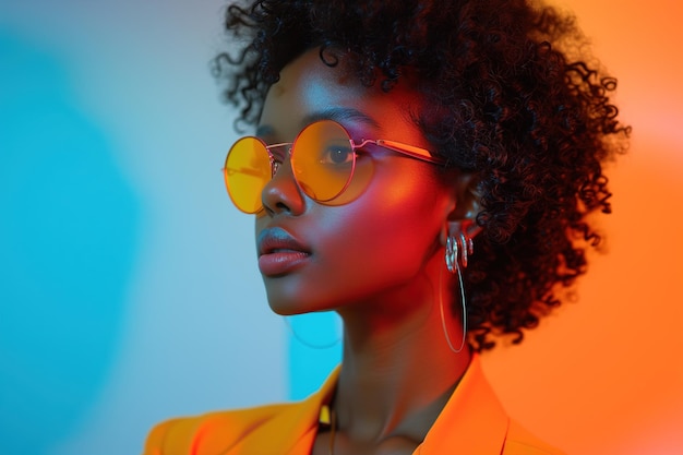 Uma mulher afro-americana usando óculos amarelos e uma camisa amarela posa para um retrato de moda